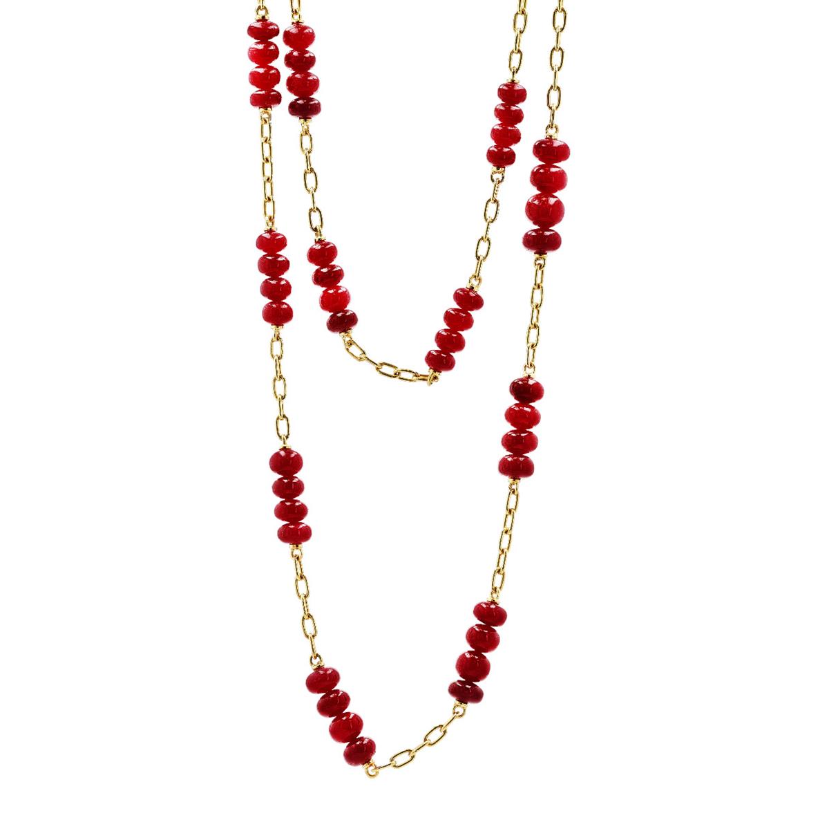 Vintage 18K Yellow Gold Ruby Bead Necklace