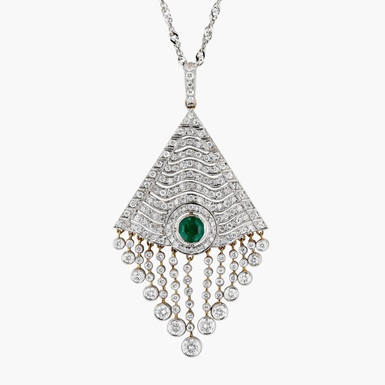 18k Gold Emerald and Diamond Geometric Fringe Pendant