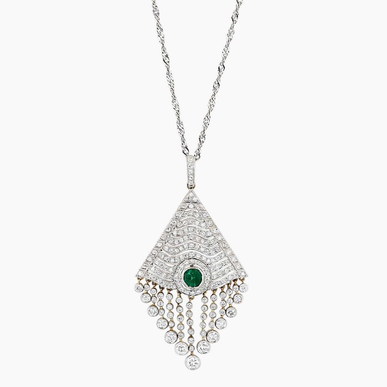 18k Gold Emerald and Diamond Geometric Fringe Pendant