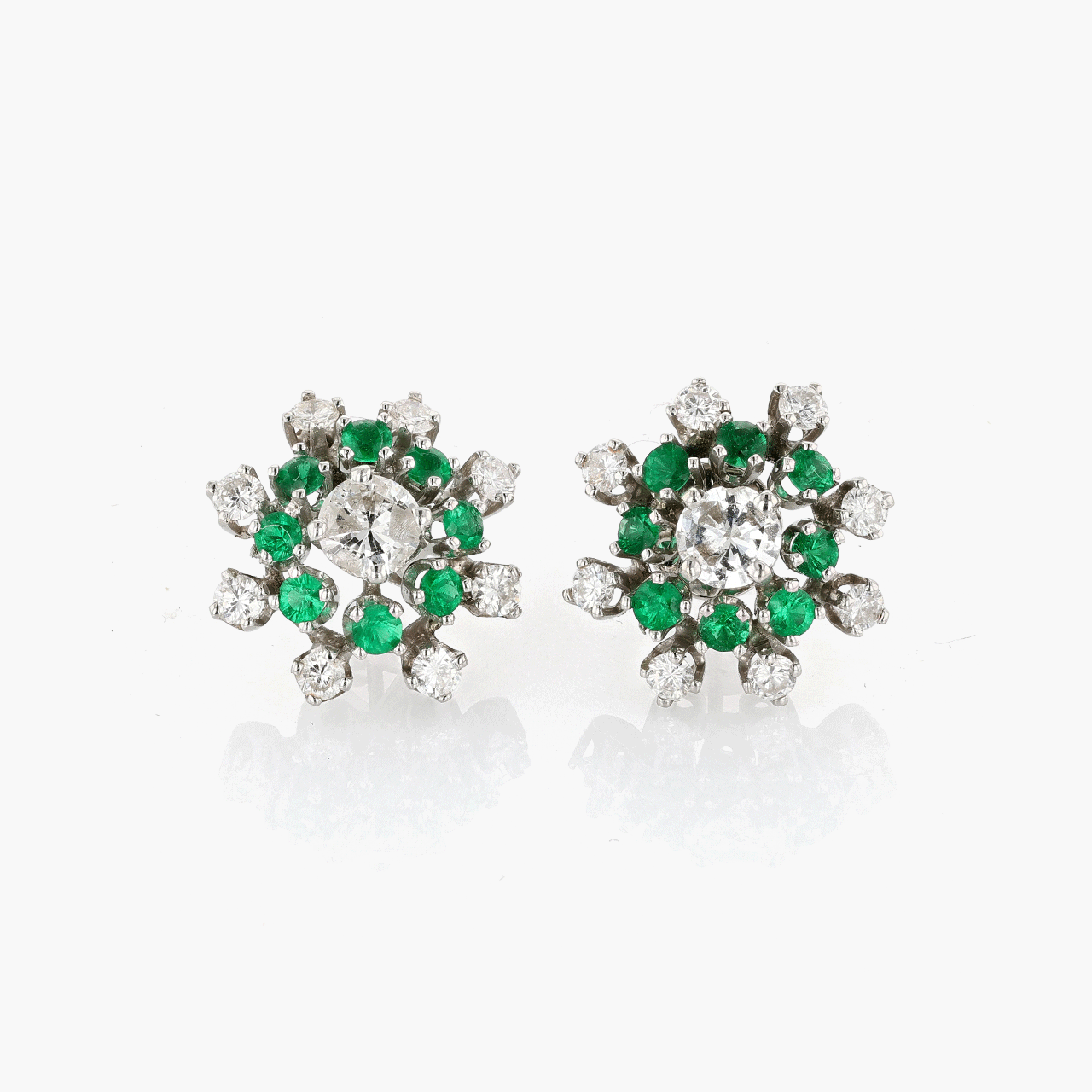 14k White Gold Emerald and Diamond Cluster Earrings