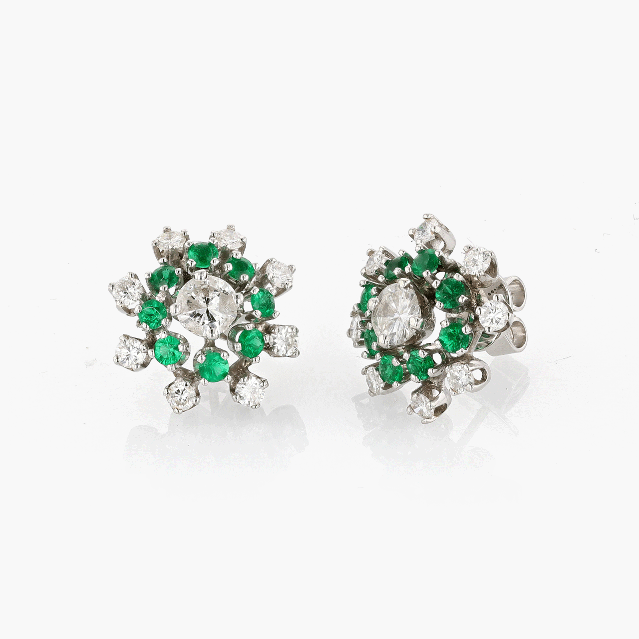 14k White Gold Emerald and Diamond Cluster Earrings