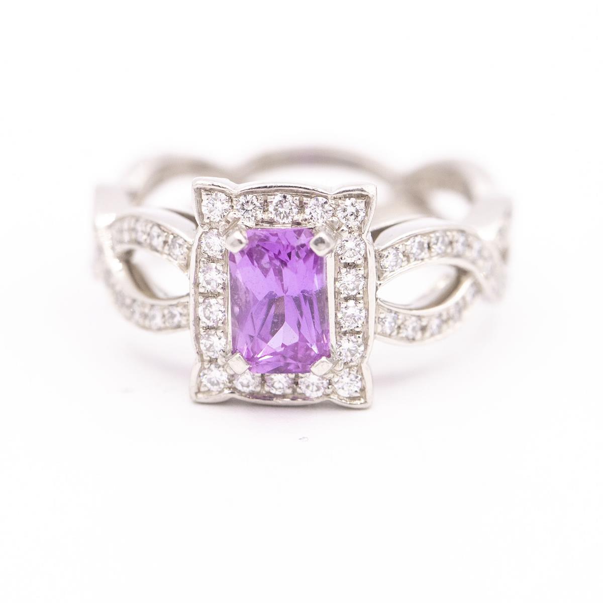 Vintage Platinum Pink Sapphire and Diamond Halo Ring
