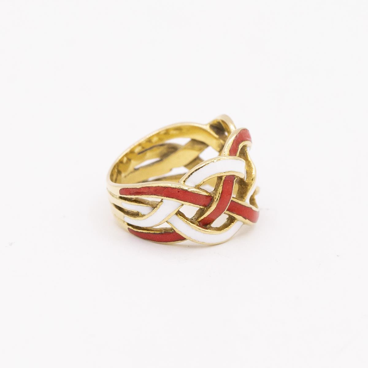 18KT Gold Red and White Enamel Ribbon Ring