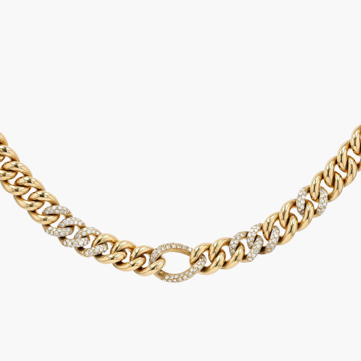Vintage 18K Yellow Gold Curb Link Necklace With Diamonds