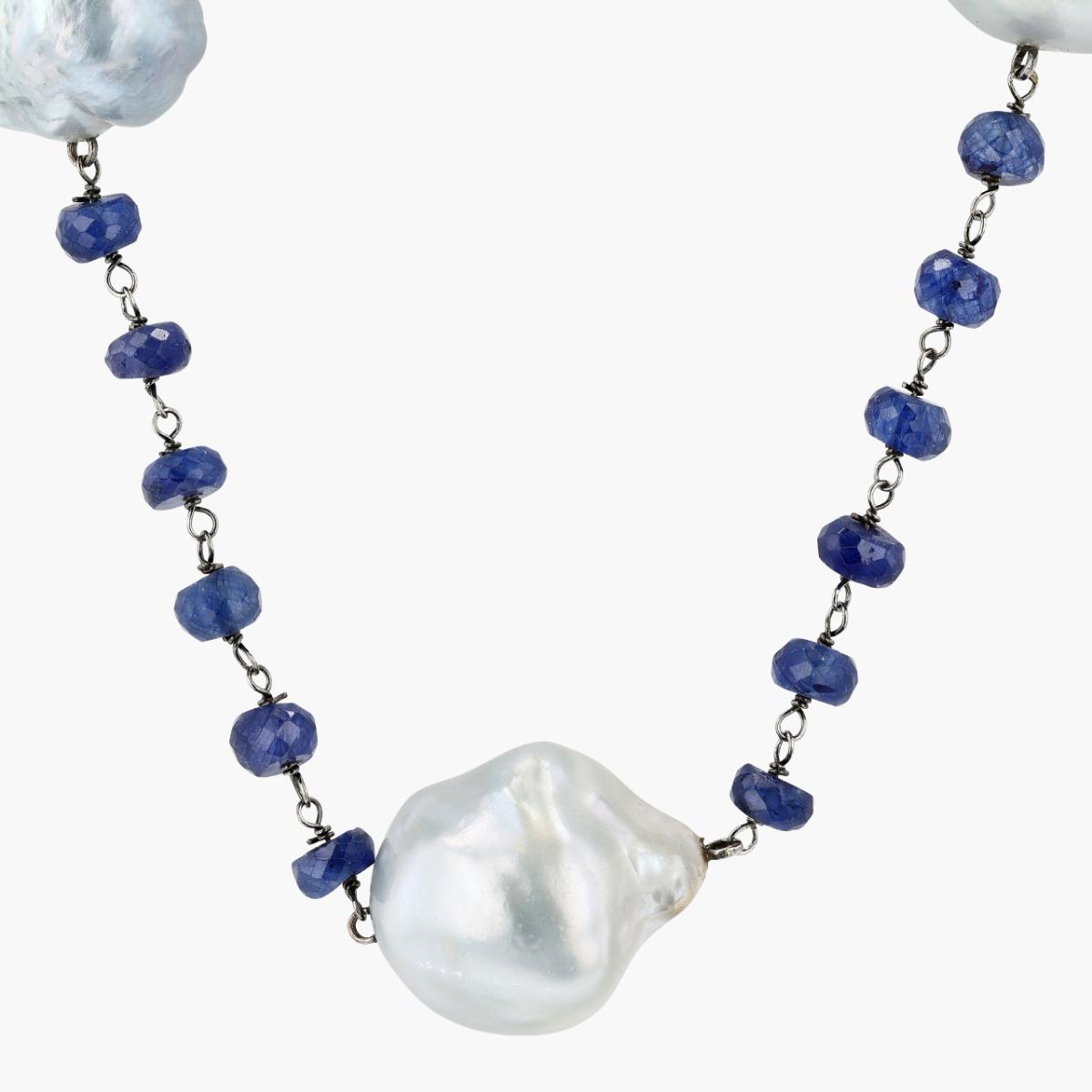 18K White Gold, South Sea Baroque Pearls And Sapphire Beads Necklace