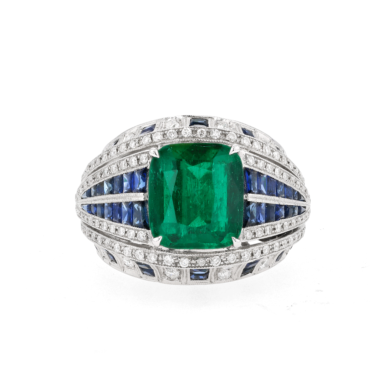 18KT White Gold Emerald Sapphire and Diamond Ring