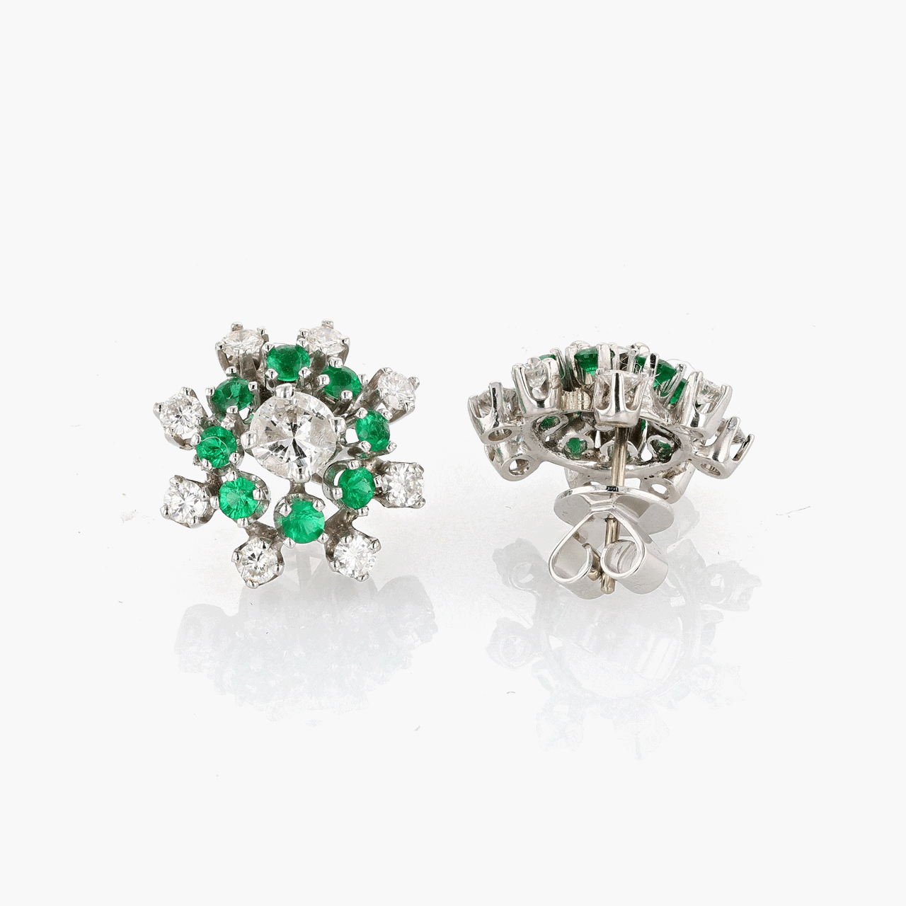 14k White Gold Emerald and Diamond Cluster Earrings