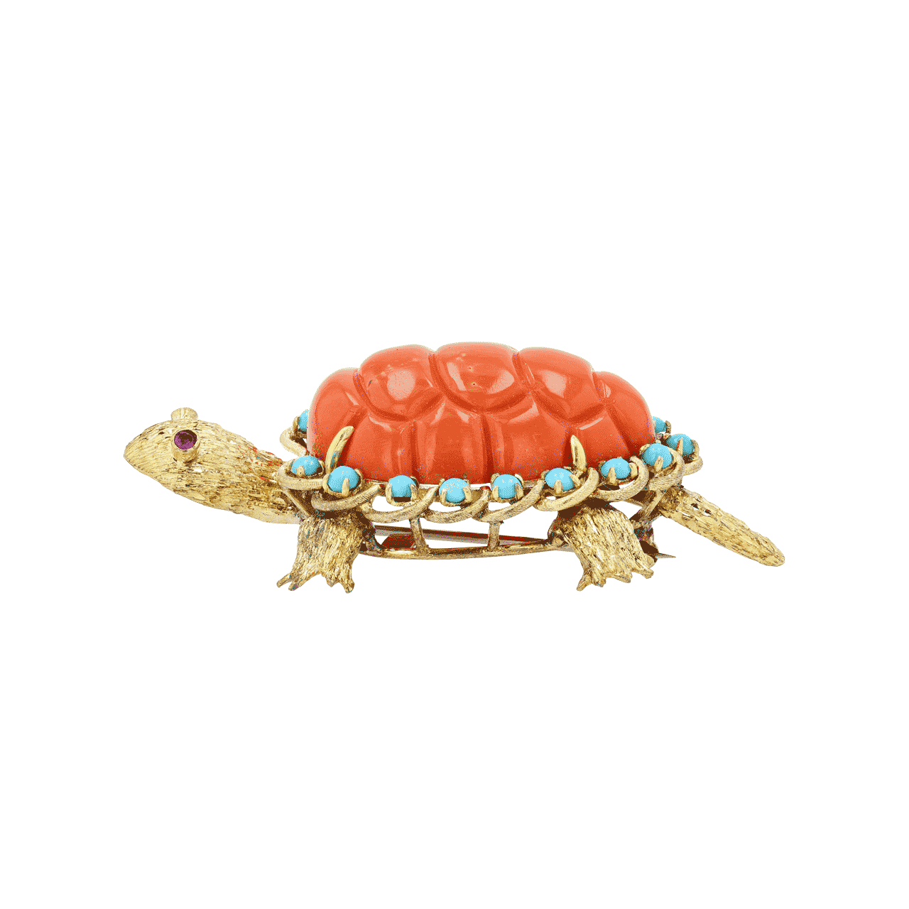 18k Gold Coral and Turquoise Turtle Brooch