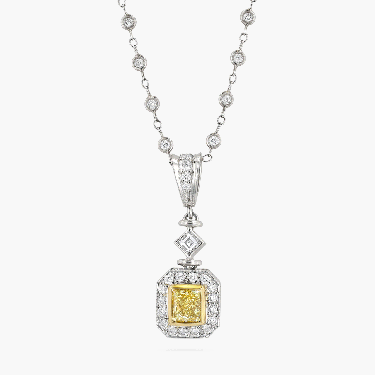 Platinum and 18KT Gold Fancy Radiant 1.02CT Fancy Diamond Necklace