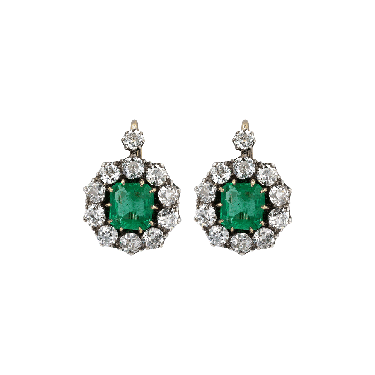 Vintage 14KT Gold Sterling Silver Emerald and Diamond Earrings