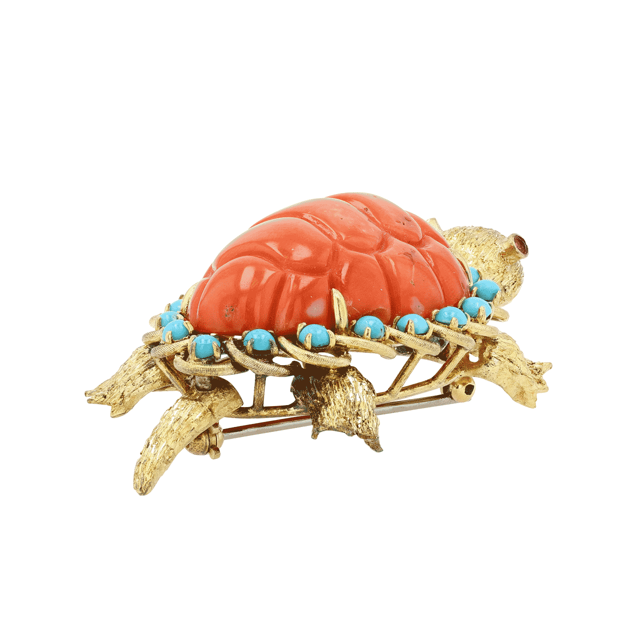 18k Gold Coral and Turquoise Turtle Brooch