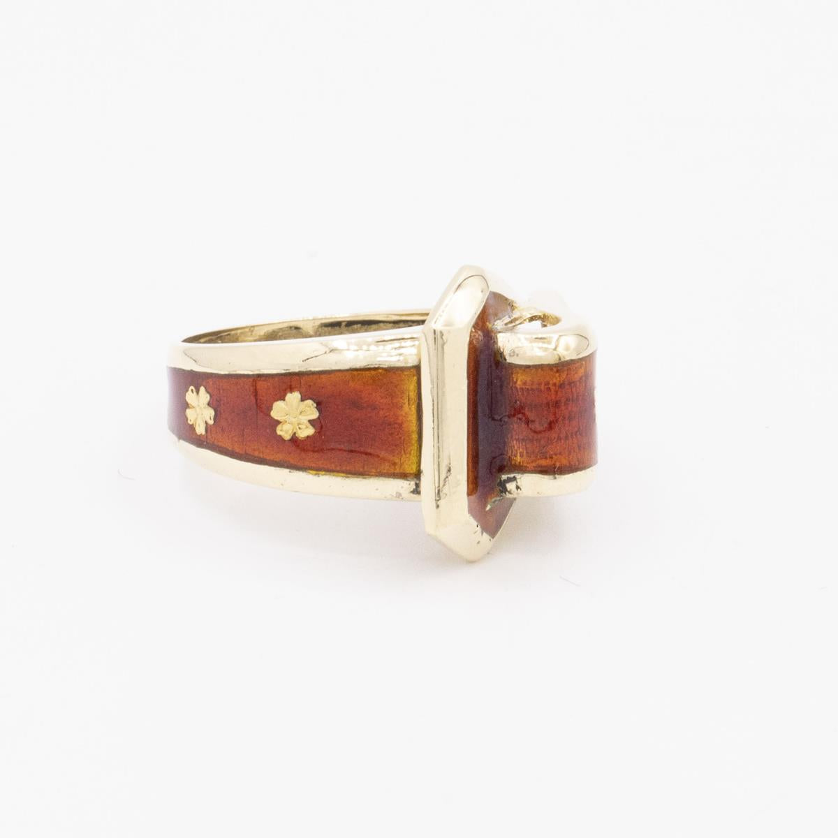 14Kt Yellow Gold Red Enamel Buckle Ring