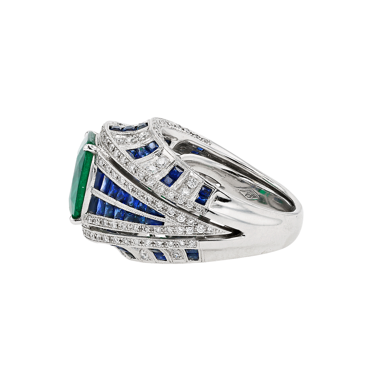 18KT White Gold Emerald Sapphire and Diamond Ring