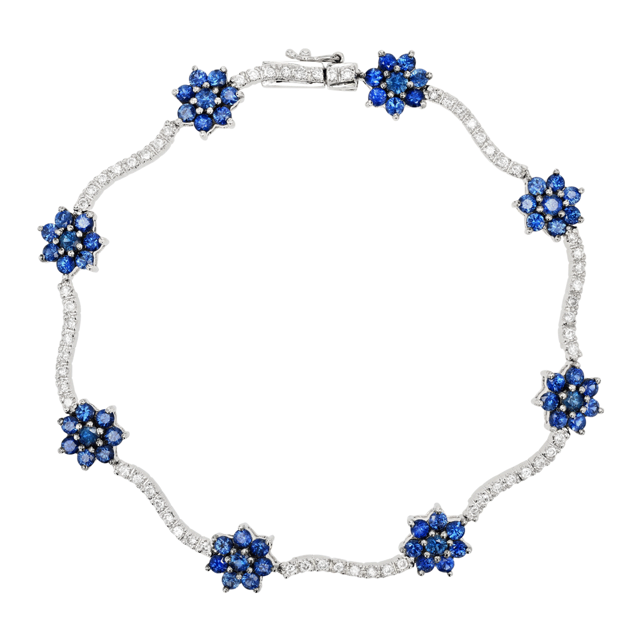 Vintage 18W diamond and blue sapphire bracelet with sapphires set in circular flower pattern