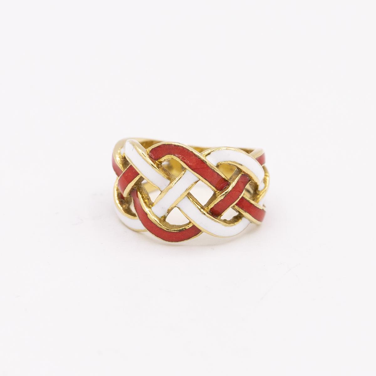 18KT Gold Red and White Enamel Ribbon Ring