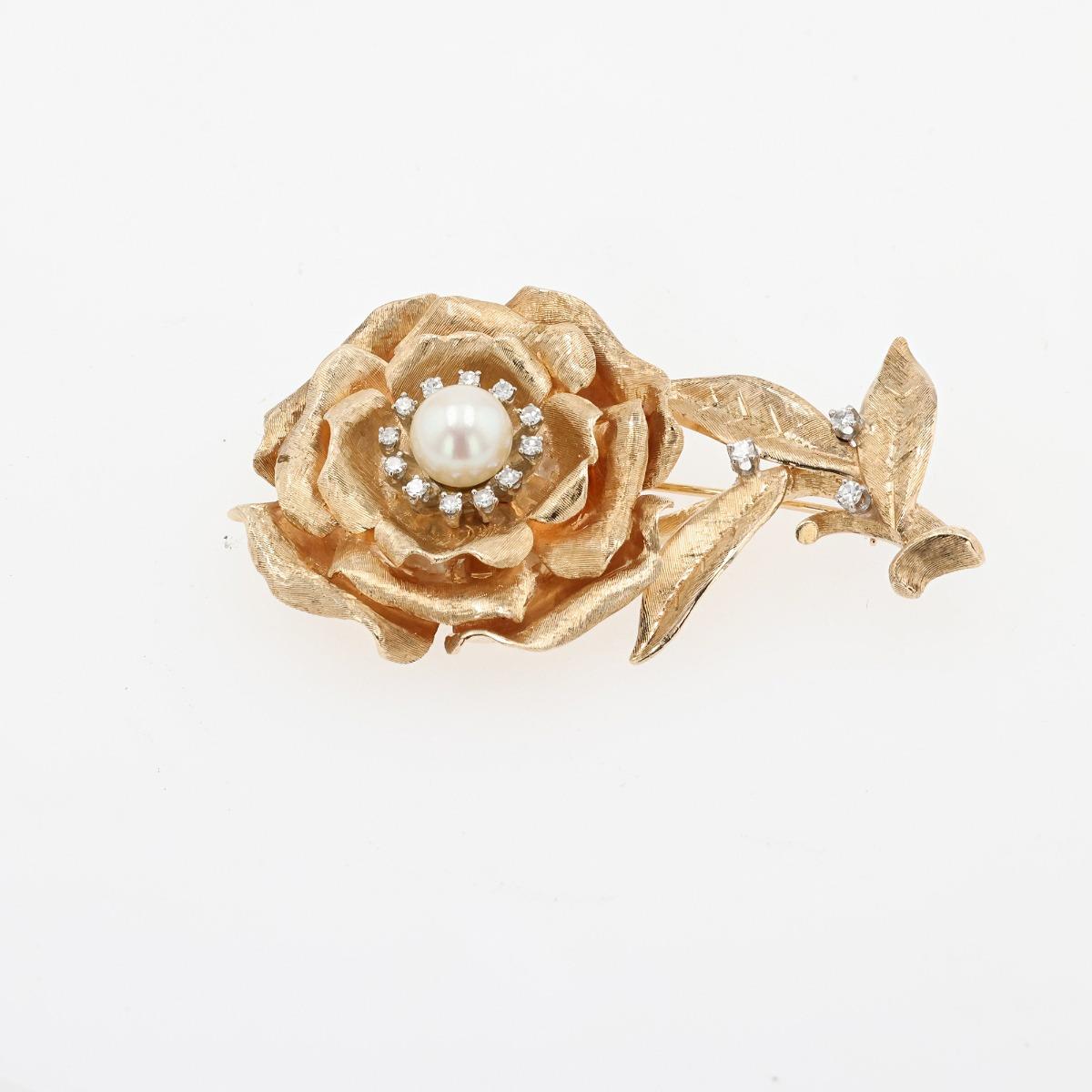 Flower Brooch W/ Cultured Pearl & Diamonds