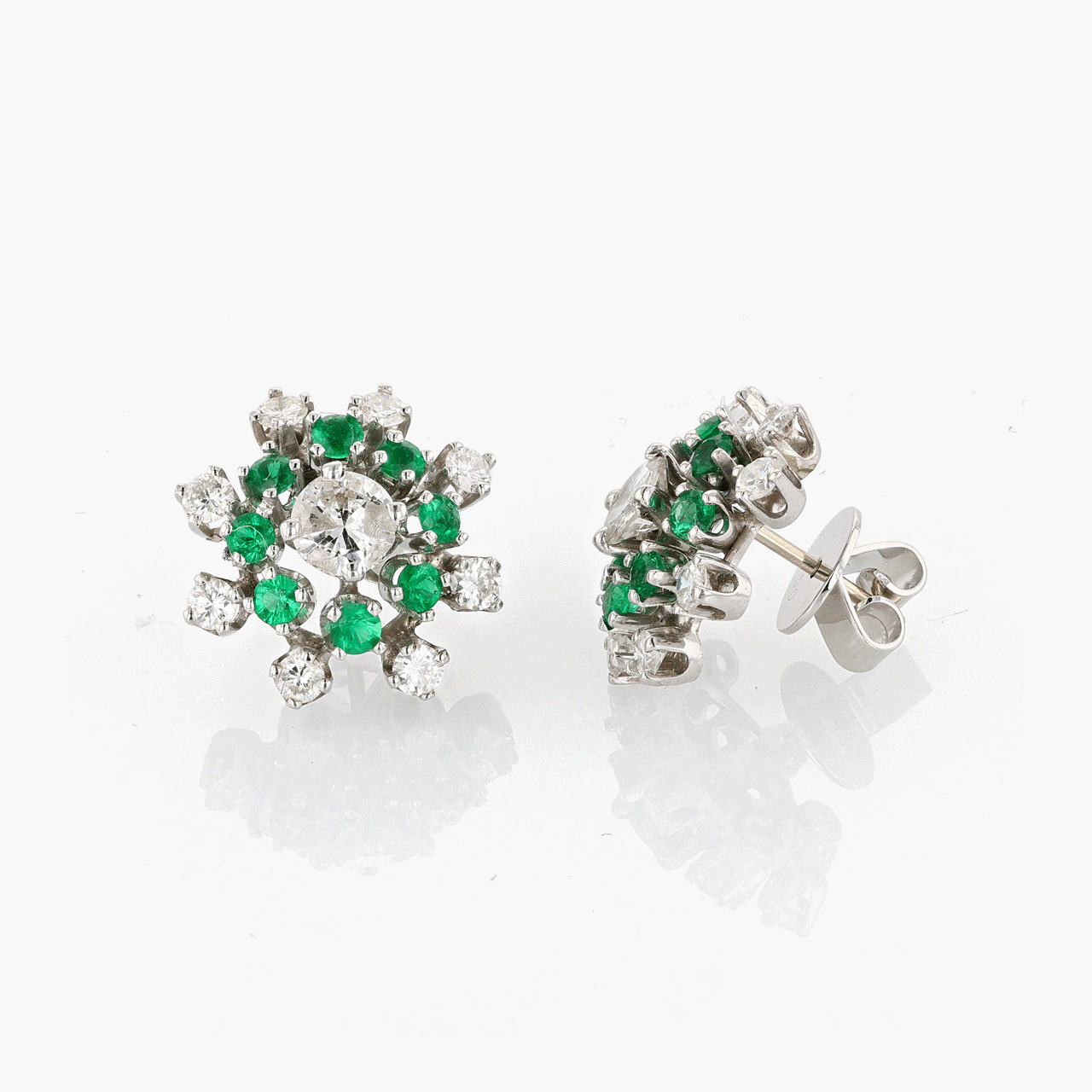 14k White Gold Emerald and Diamond Cluster Earrings