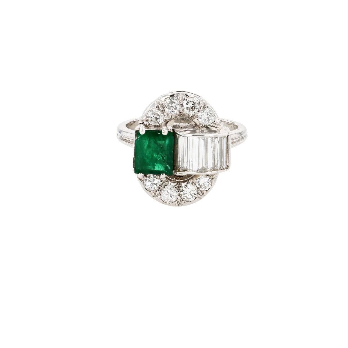 Vintage 14K White Gold Emerald And Diamond Ring